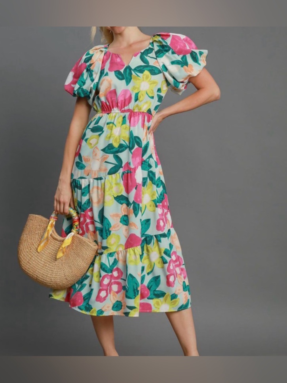 Umgee Floral Tiered Midi Dress in Cream with Pink, Yellow & Green Accents
